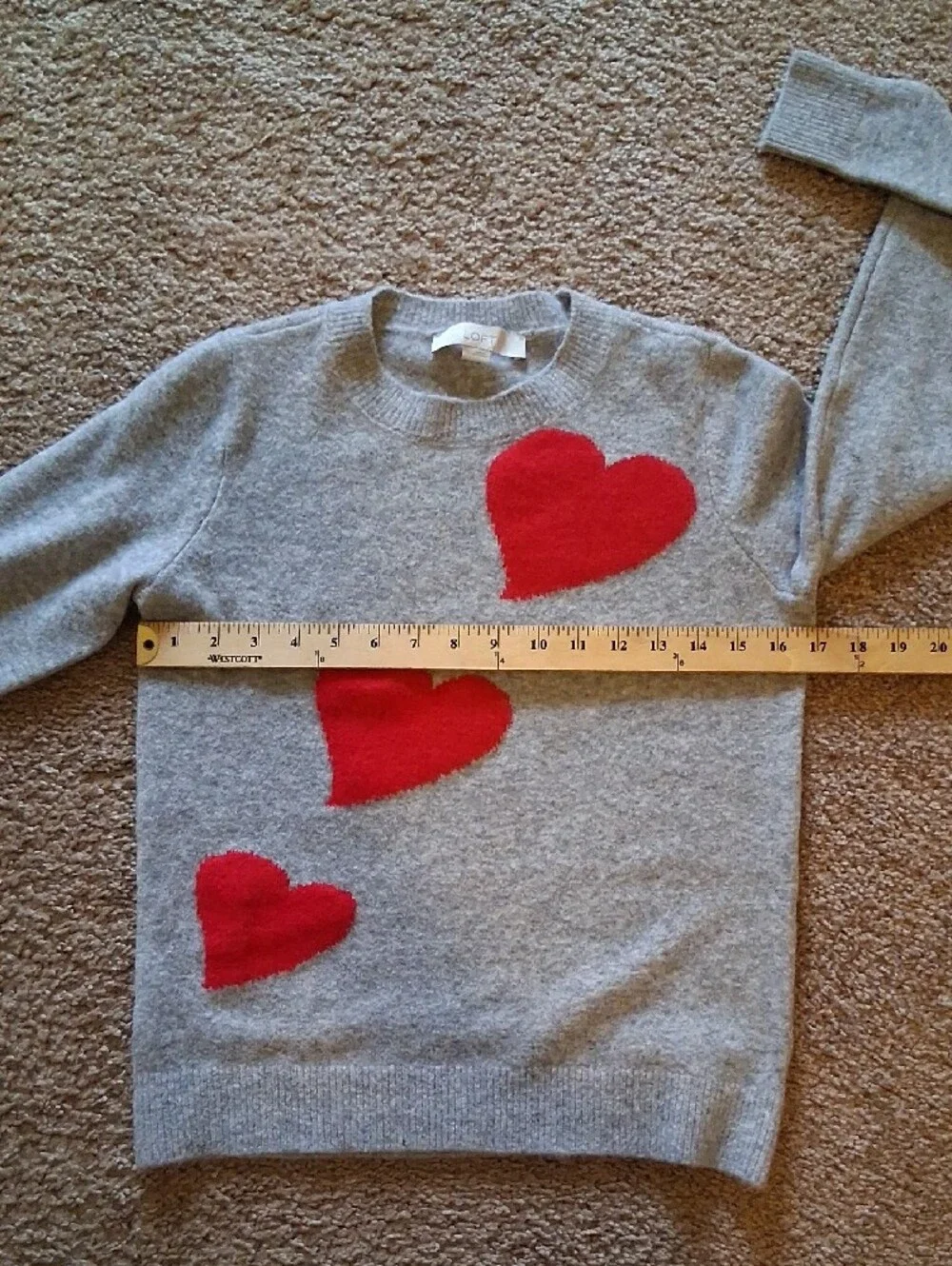 LOFT Grey Crewneck Sweater with Red Heart Appliqués - Picture 7 of 8